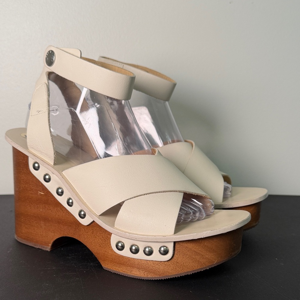 Rag & Bone Hester Platform Wedge Sandal in Ivory Leather with Silver Tone Studs